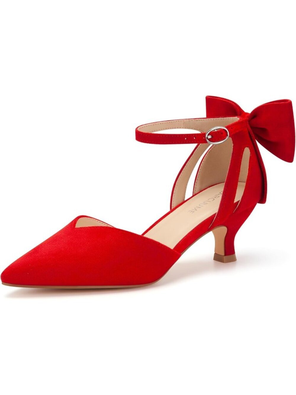 Women's Red Leather Kitten Heels with Bow Closed Toe Ankle Strap Wedding Pump